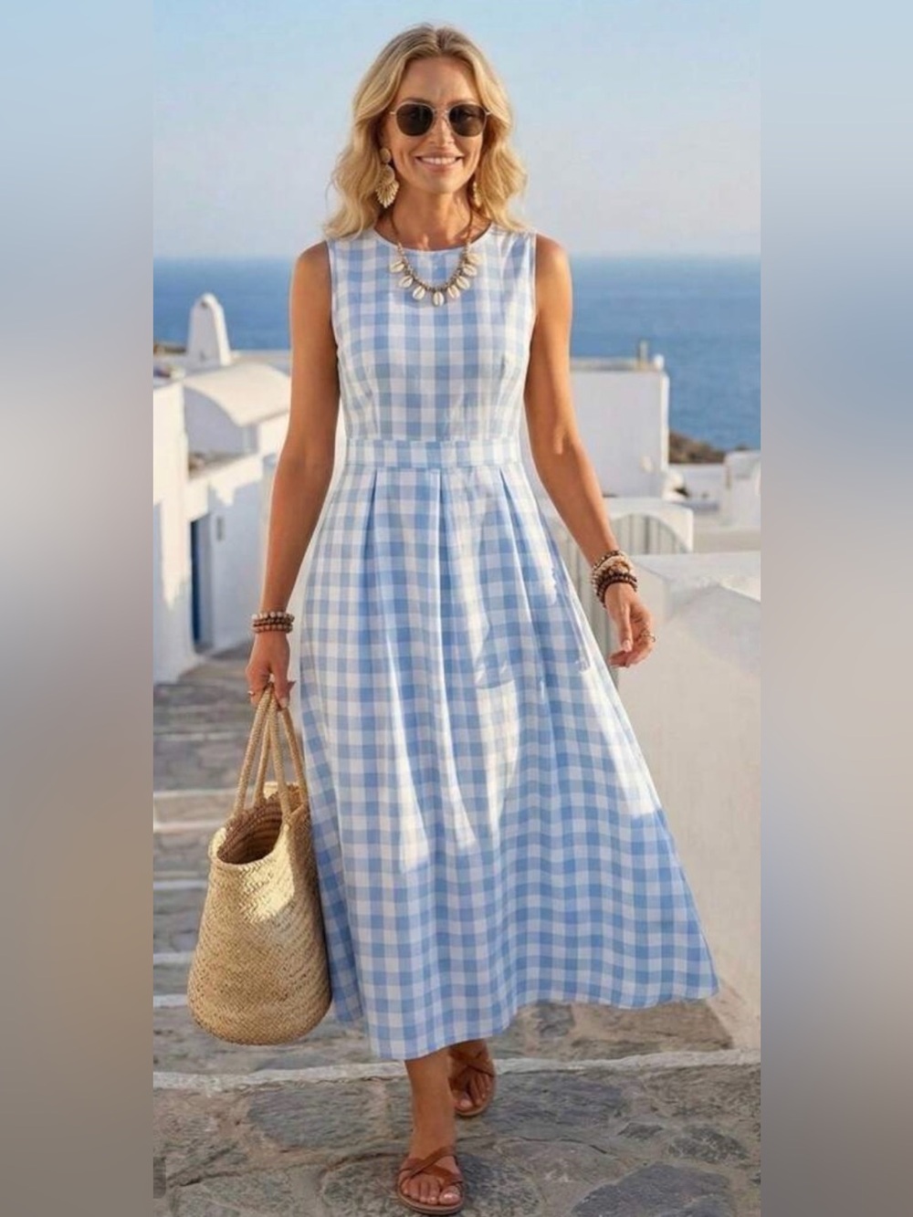 Sleeveless Blue & White Gingham Maxi Dress